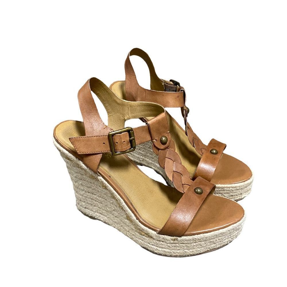 Zodiac Quana Saddle Tan Leather Espadrille Wedge Sandal Size 8